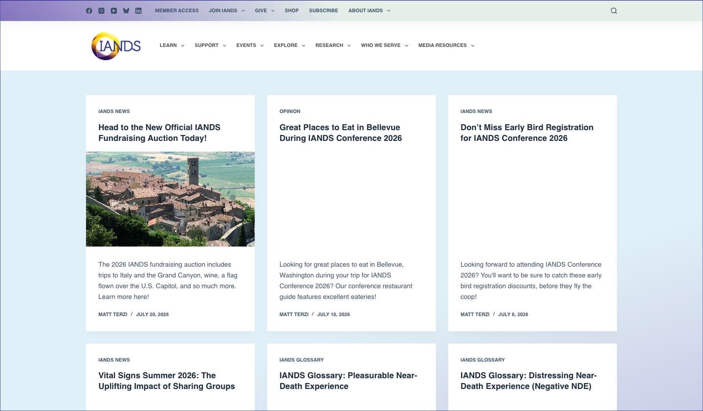 IANDS.org homepage with navigation and recent news articles