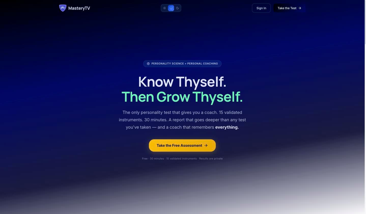 MasteryTV homepage: 'Know Thyself. Then Grow Thyself.' over a dark blue gradient