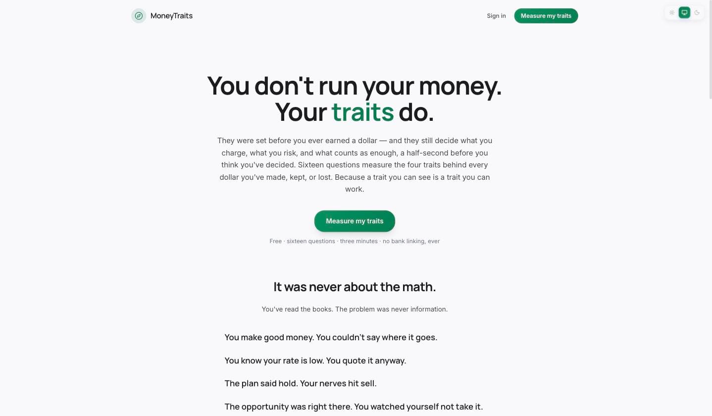 MoneyTraits homepage: 'You don't run your money. Your traits do.'