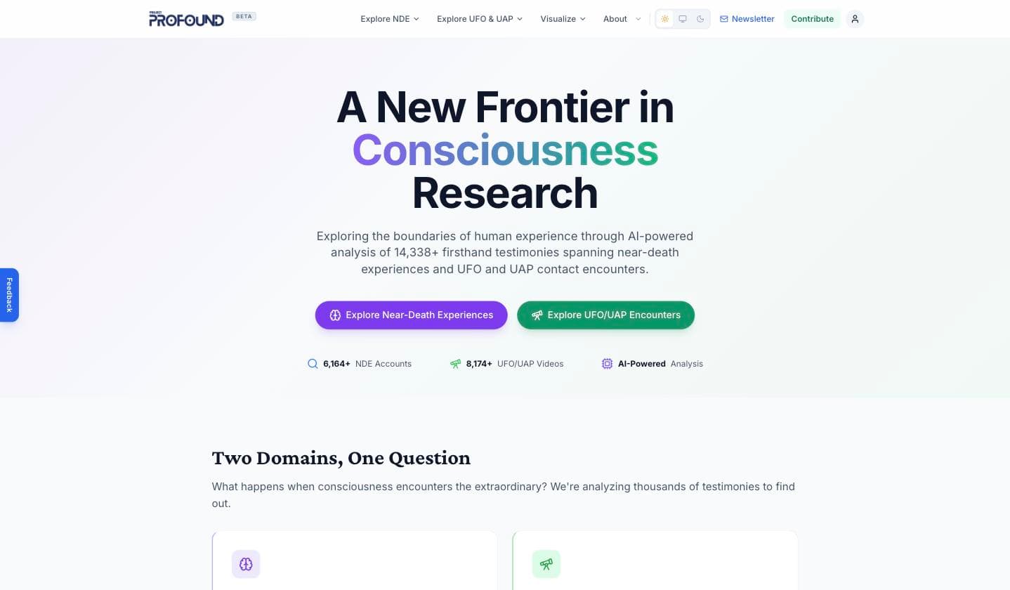 Project Profound homepage: 'A New Frontier in Consciousness Research'